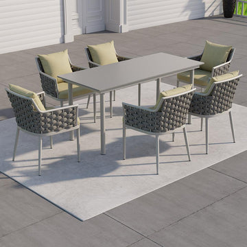 7 Pieces Modern Outdoor Dining Set Rectangle Marble Top Table Chair Gray